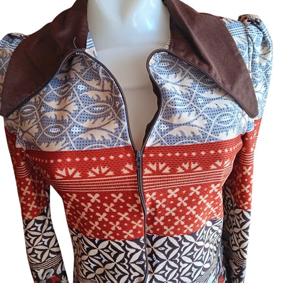 Vintage Small Scandinavian Top 1OF1 Print Zip-Up 1970's Boho Big Collar Handmade - Picture 3 of 9